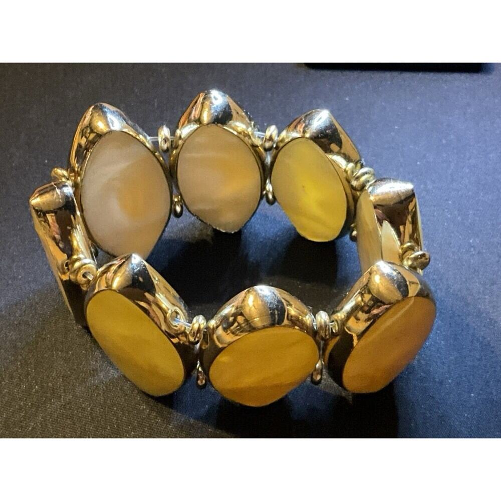 Stretch Lucite Marble Gold Tone & Tan Statement Bracelet